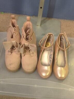 2 Pr Girls 3 Shoes Pink Ankle Boots, Metallic Rose Gold Wedge Heels